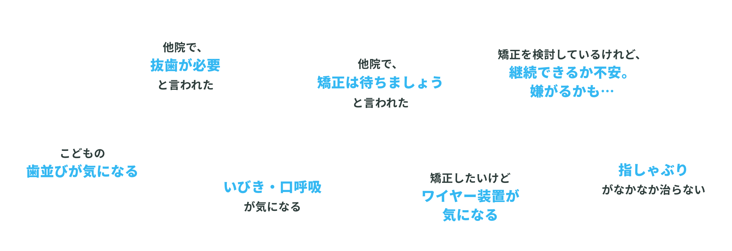 他院で抜歯が必要と言われた｜他院で矯正は待ちましょうと言われた｜矯正を検討しているけど、継続できるか不安。嫌がるかも...｜こどもの歯並びが気になる｜いびき・口呼吸が気になる｜矯正したいけどワイヤー装置が気になる｜指しゃぶりがなかなか治らない